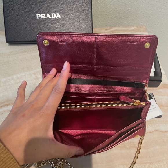 AUTHENTIC Prada Long Tessuto Burgundy Wallet Crossbody WOC - Picture 4 of 12